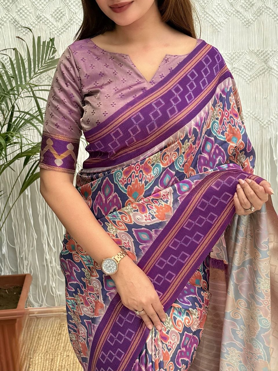 Meenakari Soft Silk Saree with Ikat Print - Royal Violet